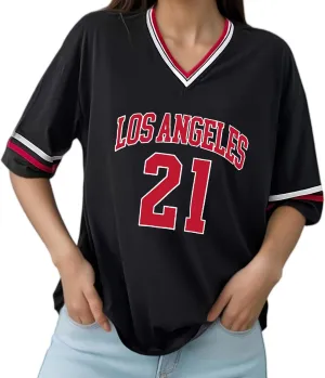 American Jersey for Women Oversized Graphic Stripe Trim V Neck Drop Shoulder Summer Tshirts