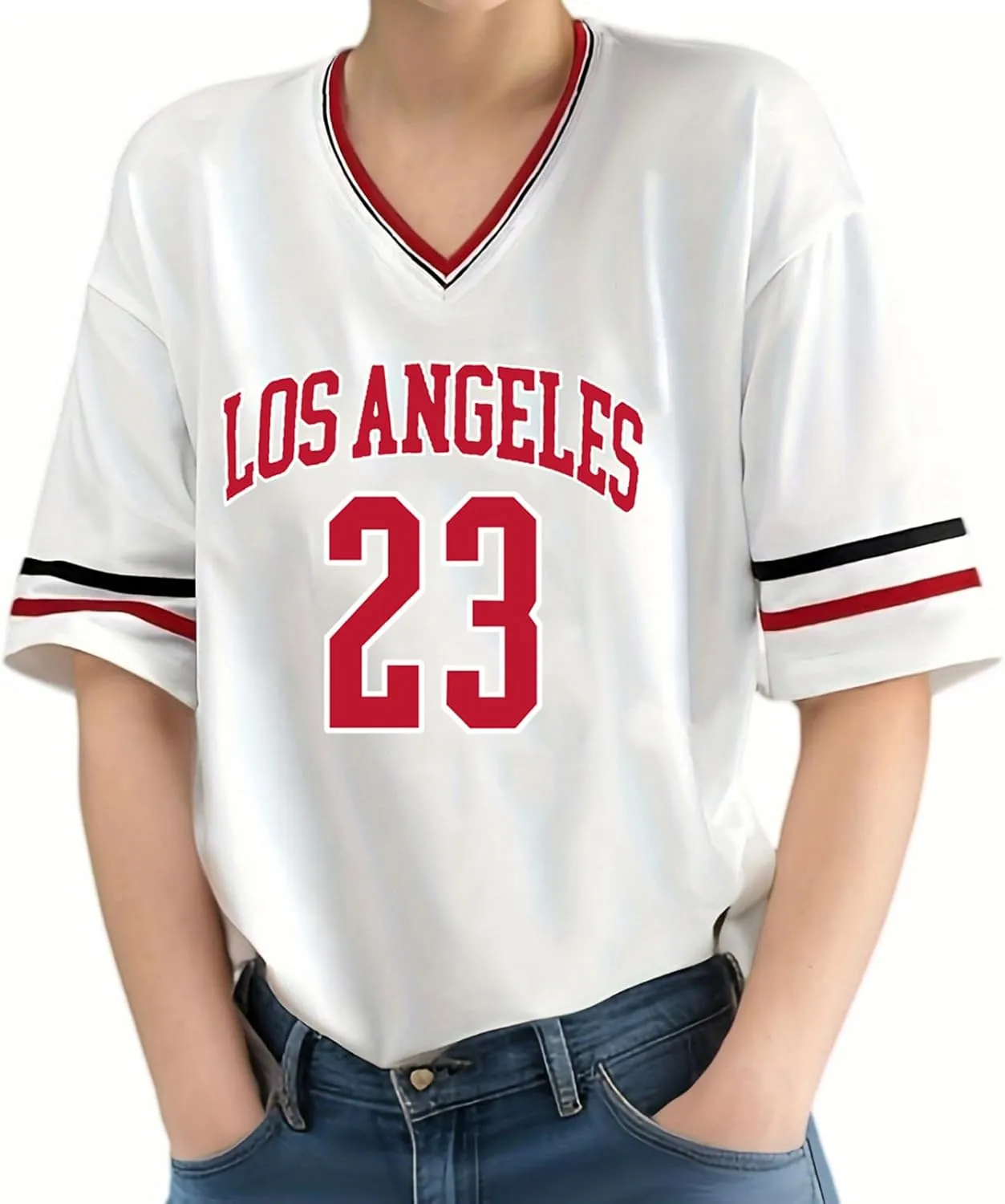 American Jersey for Women Oversized Graphic Stripe Trim V Neck Drop Shoulder Summer Tshirts