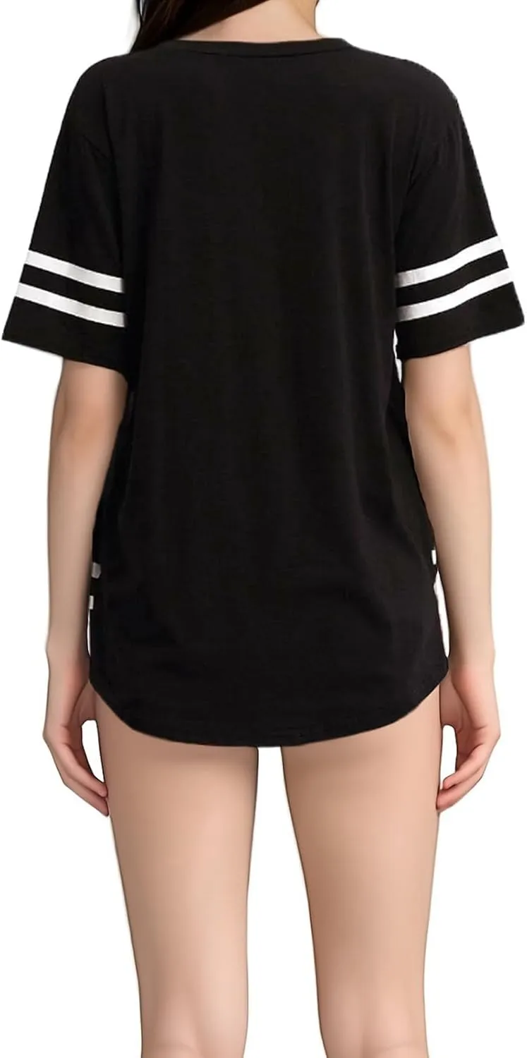 American Jersey for Women Oversized Graphic Stripe Trim V Neck Drop Shoulder Summer Tshirts