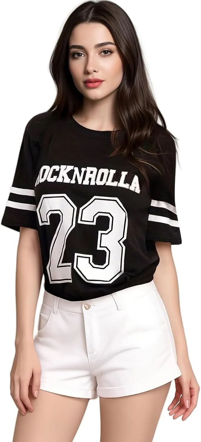 American Jersey for Women Oversized Graphic Stripe Trim V Neck Drop Shoulder Summer Tshirts