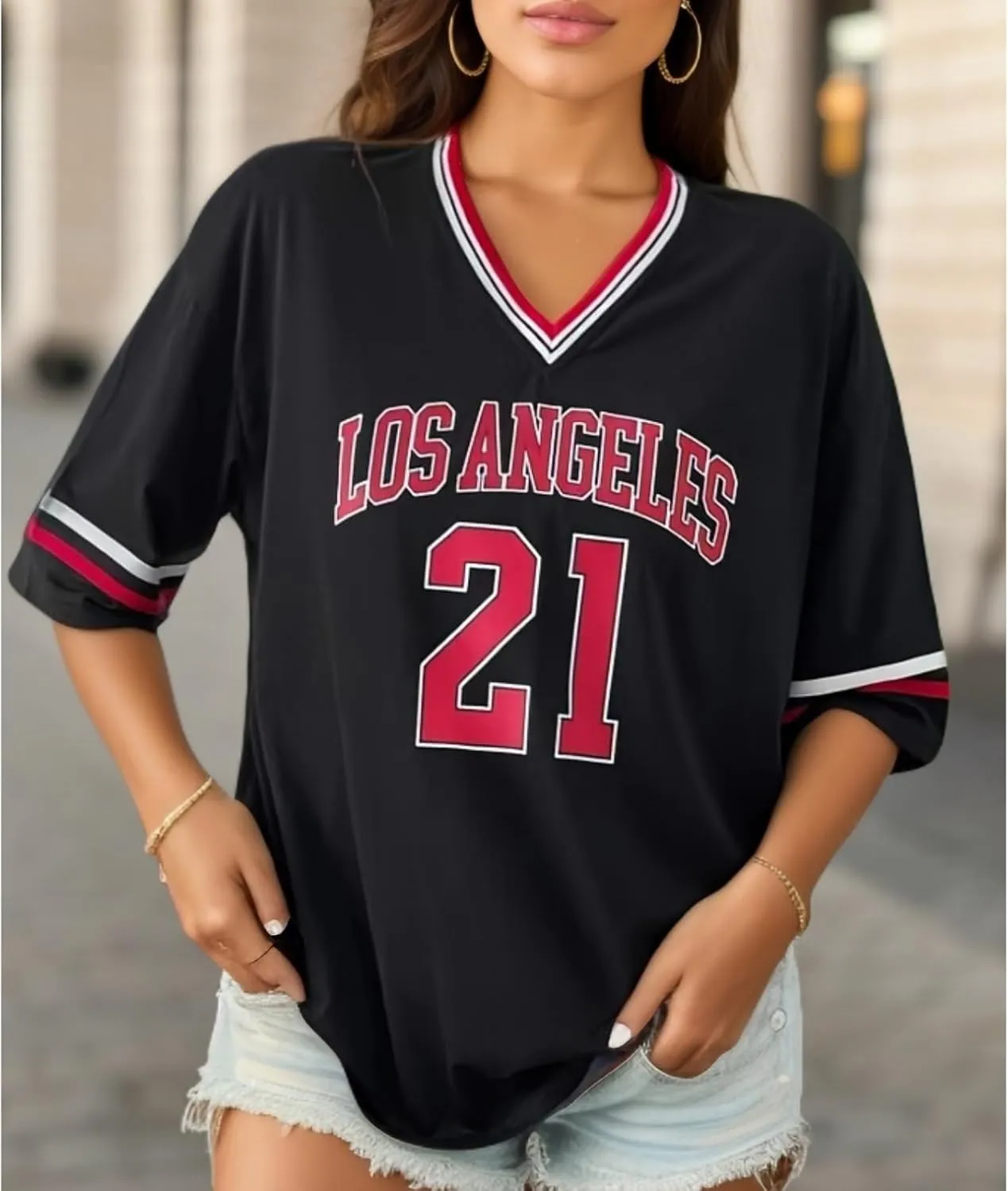 American Jersey for Women Oversized Graphic Stripe Trim V Neck Drop Shoulder Summer Tshirts