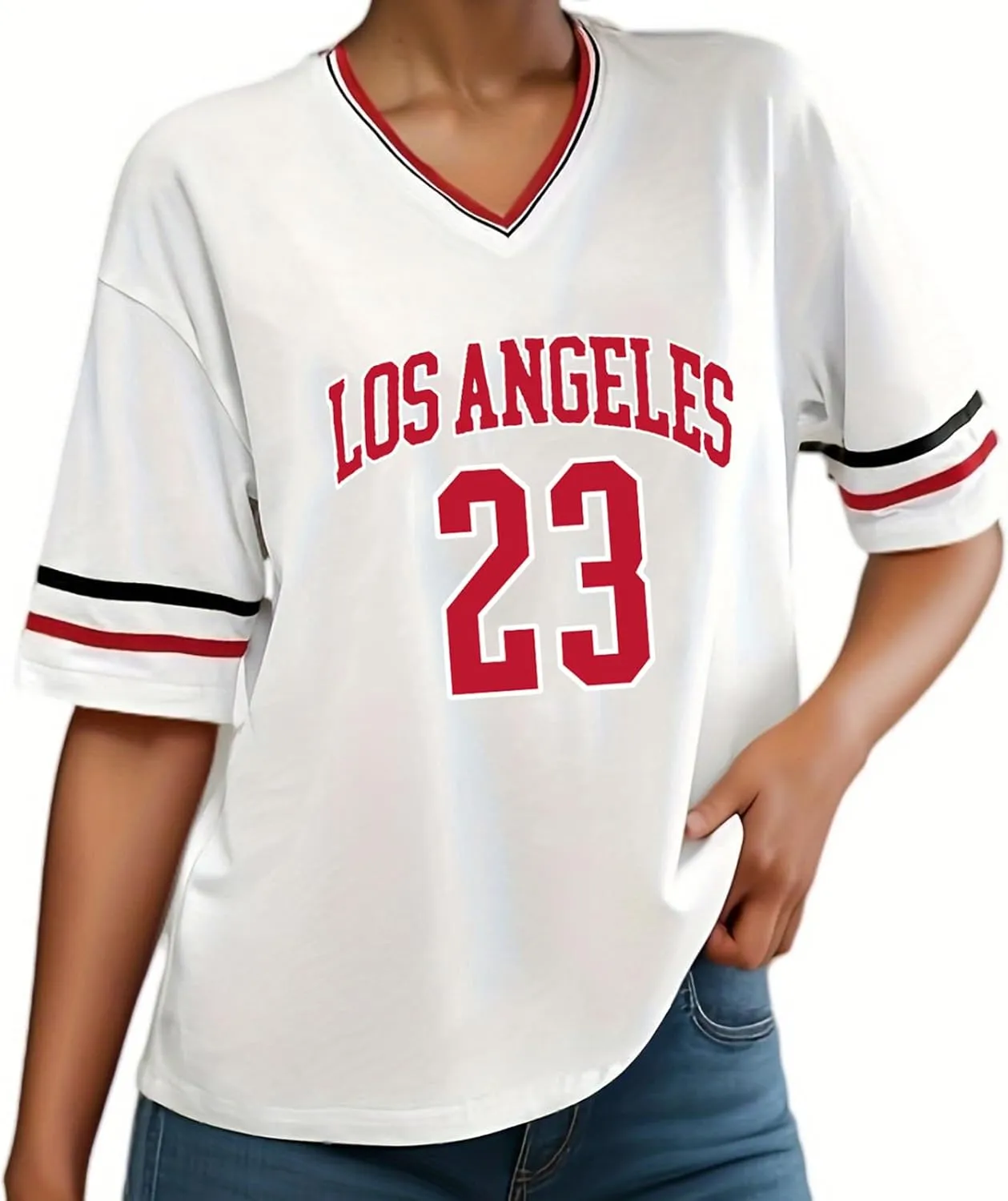 American Jersey for Women Oversized Graphic Stripe Trim V Neck Drop Shoulder Summer Tshirts