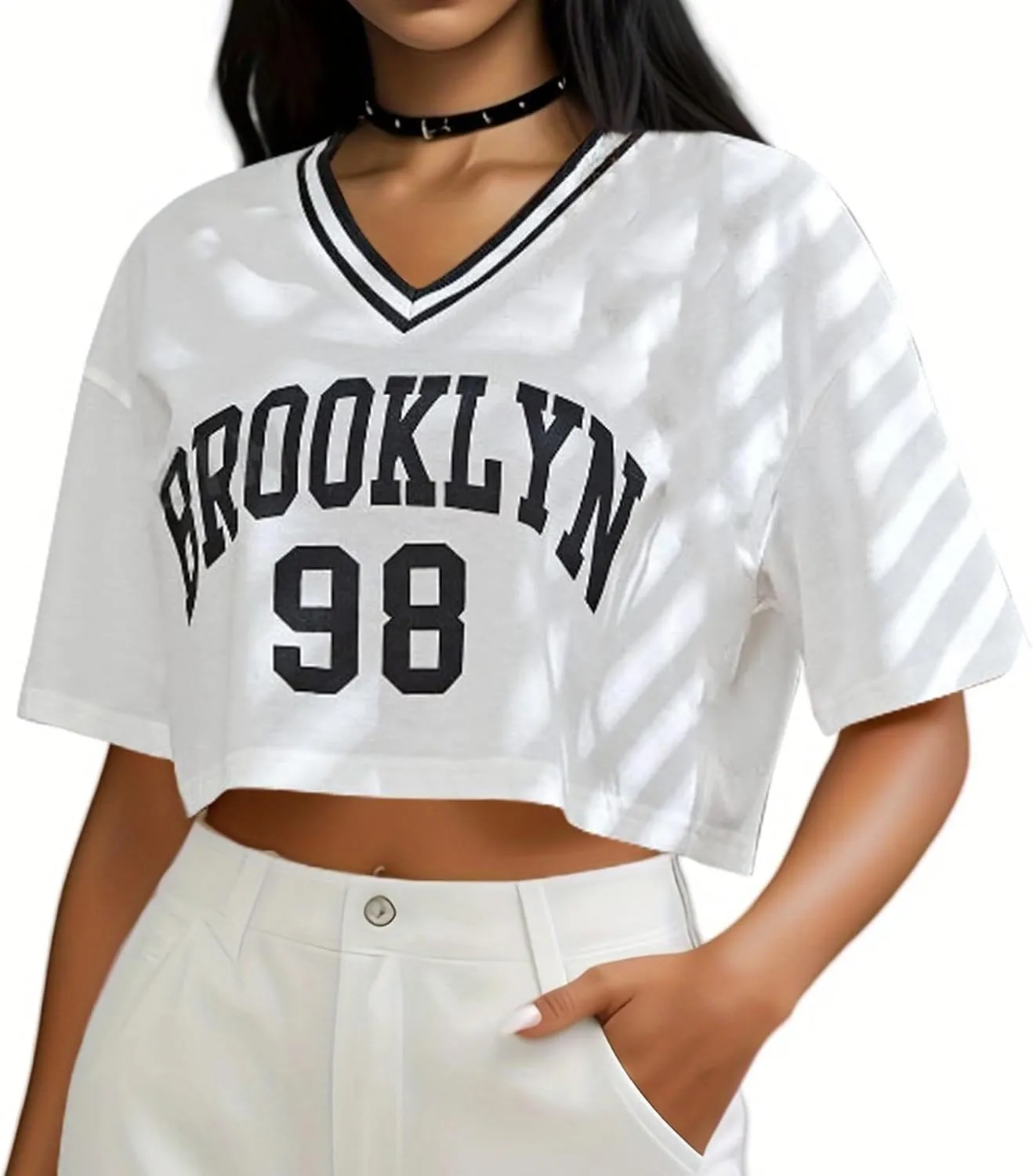 American Jersey for Women Oversized Graphic Stripe Trim V Neck Drop Shoulder Summer Tshirts