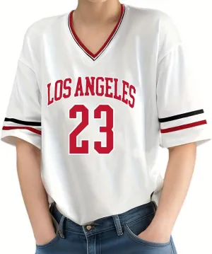 American Jersey for Women Oversized Graphic Stripe Trim V Neck Drop Shoulder Summer Tshirts