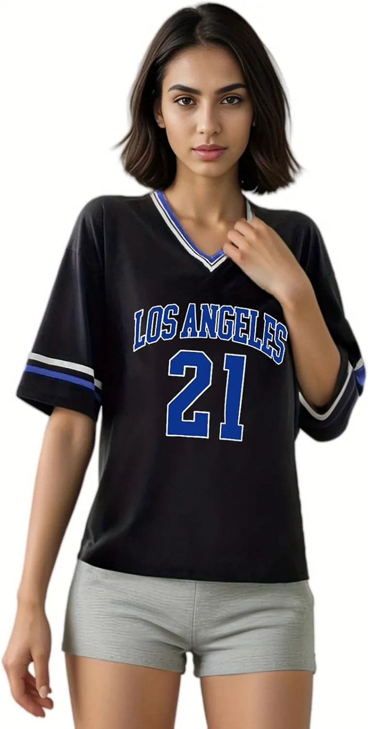 American Jersey for Women Oversized Graphic Stripe Trim V Neck Drop Shoulder Summer Tshirts