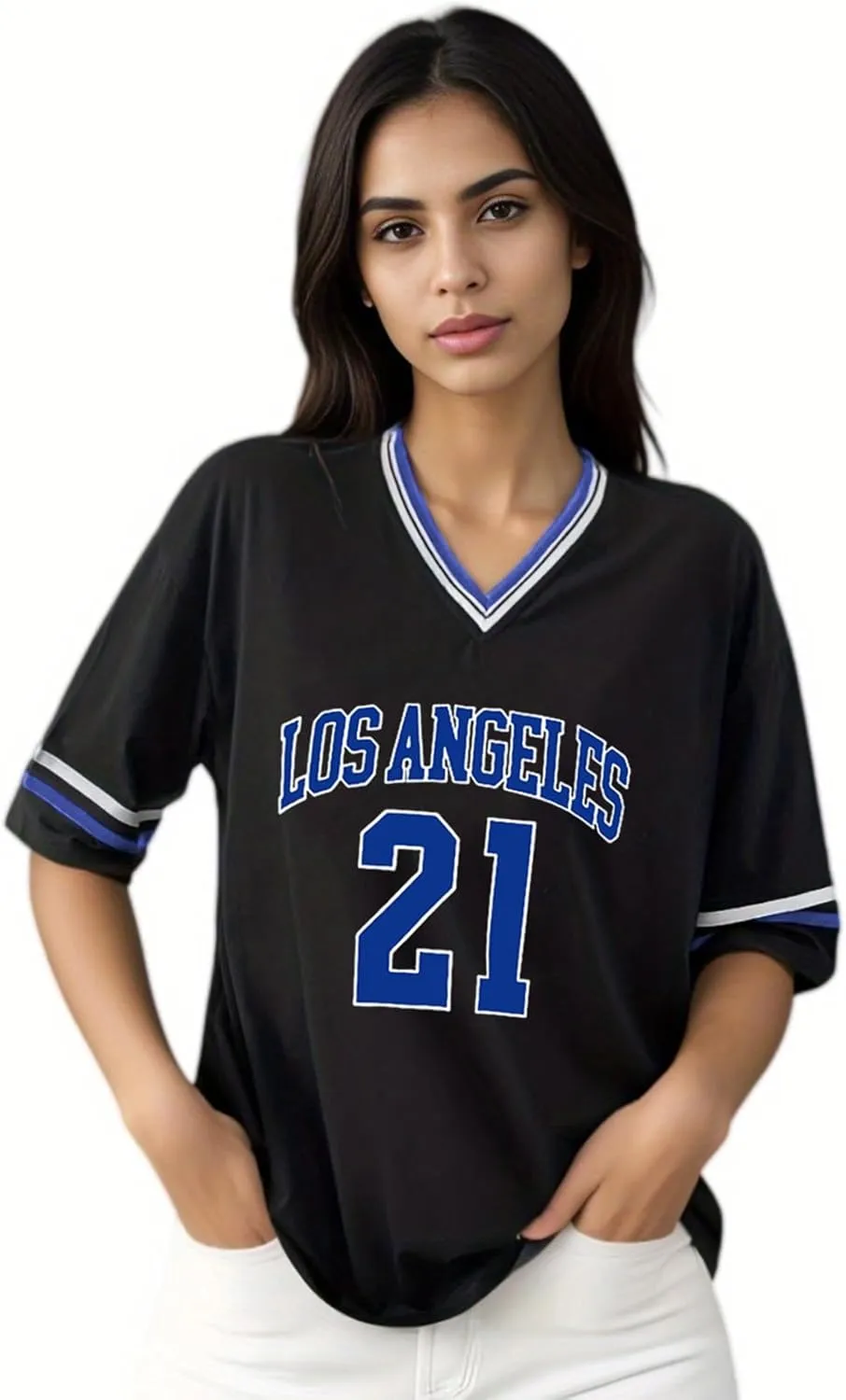 American Jersey for Women Oversized Graphic Stripe Trim V Neck Drop Shoulder Summer Tshirts