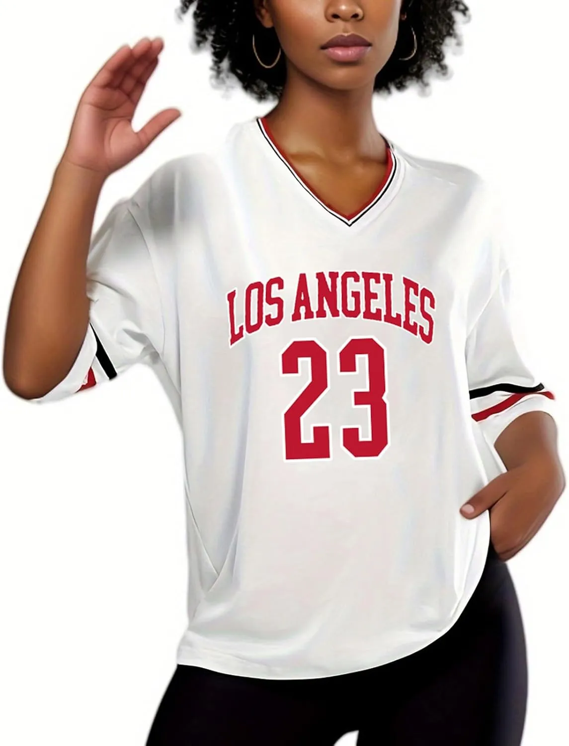 American Jersey for Women Oversized Graphic Stripe Trim V Neck Drop Shoulder Summer Tshirts