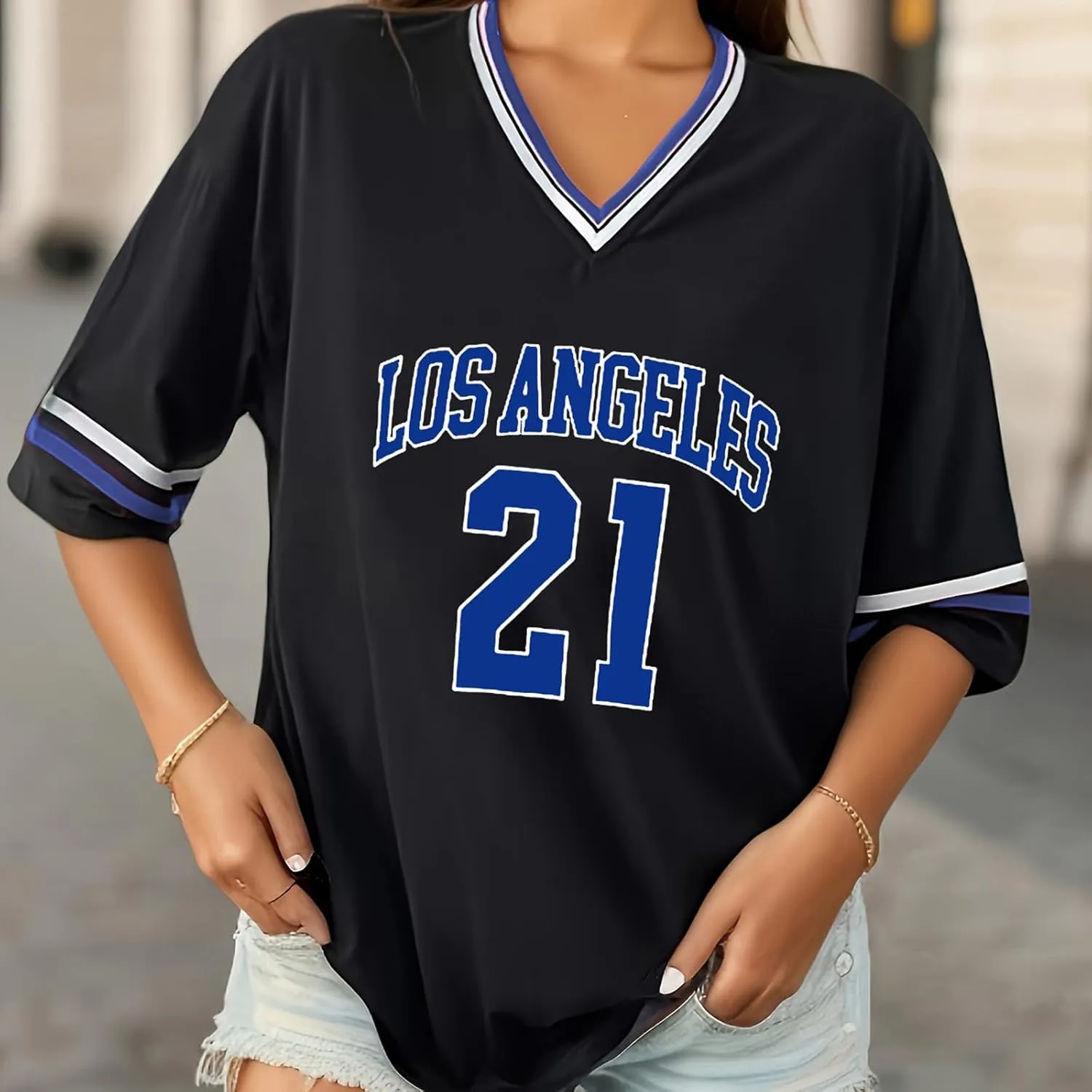 American Jersey for Women Oversized Graphic Stripe Trim V Neck Drop Shoulder Summer Tshirts