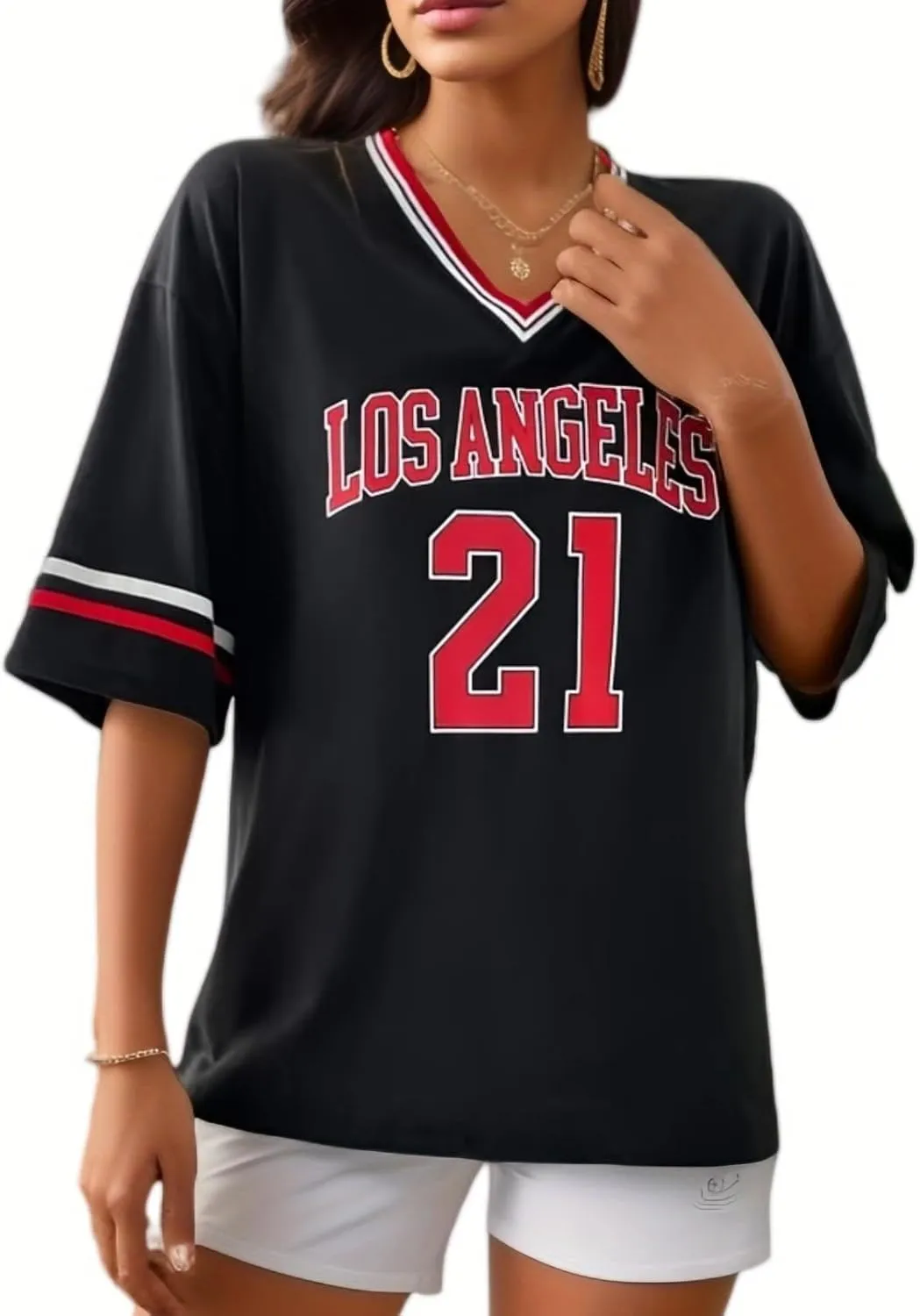 American Jersey for Women Oversized Graphic Stripe Trim V Neck Drop Shoulder Summer Tshirts