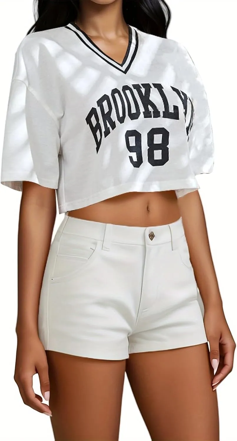 American Jersey for Women Oversized Graphic Stripe Trim V Neck Drop Shoulder Summer Tshirts