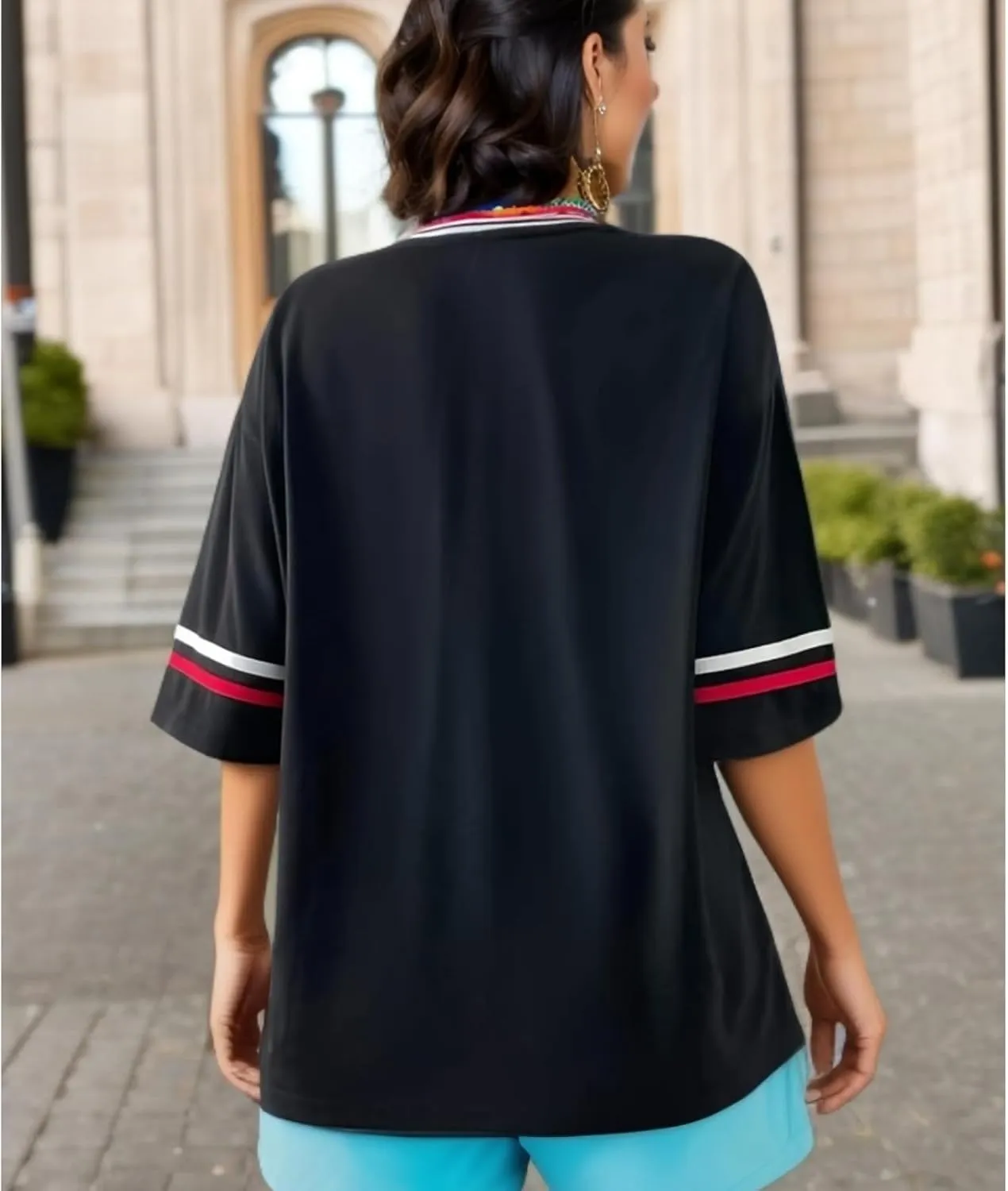American Jersey for Women Oversized Graphic Stripe Trim V Neck Drop Shoulder Summer Tshirts