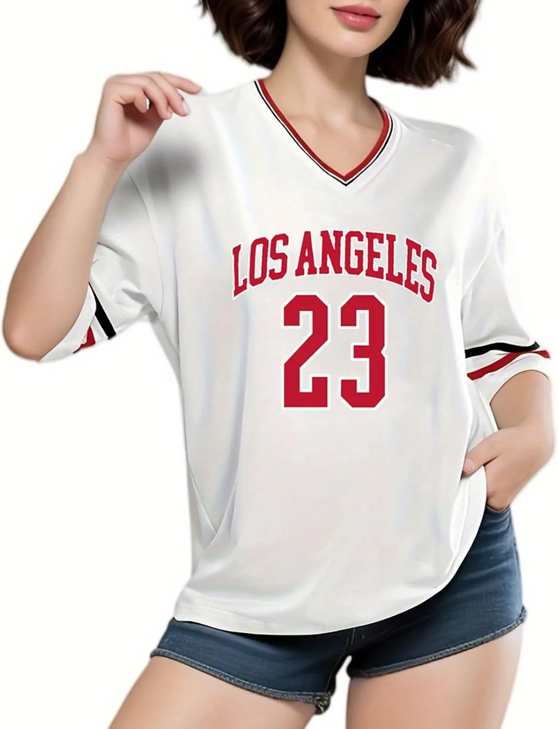 American Jersey for Women Oversized Graphic Stripe Trim V Neck Drop Shoulder Summer Tshirts