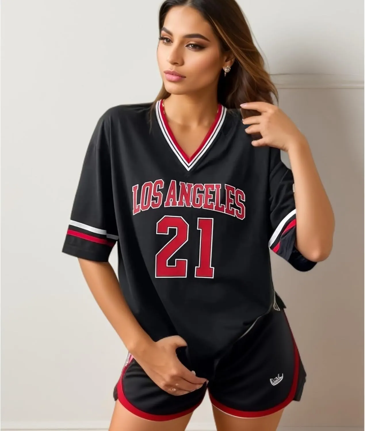 American Jersey for Women Oversized Graphic Stripe Trim V Neck Drop Shoulder Summer Tshirts