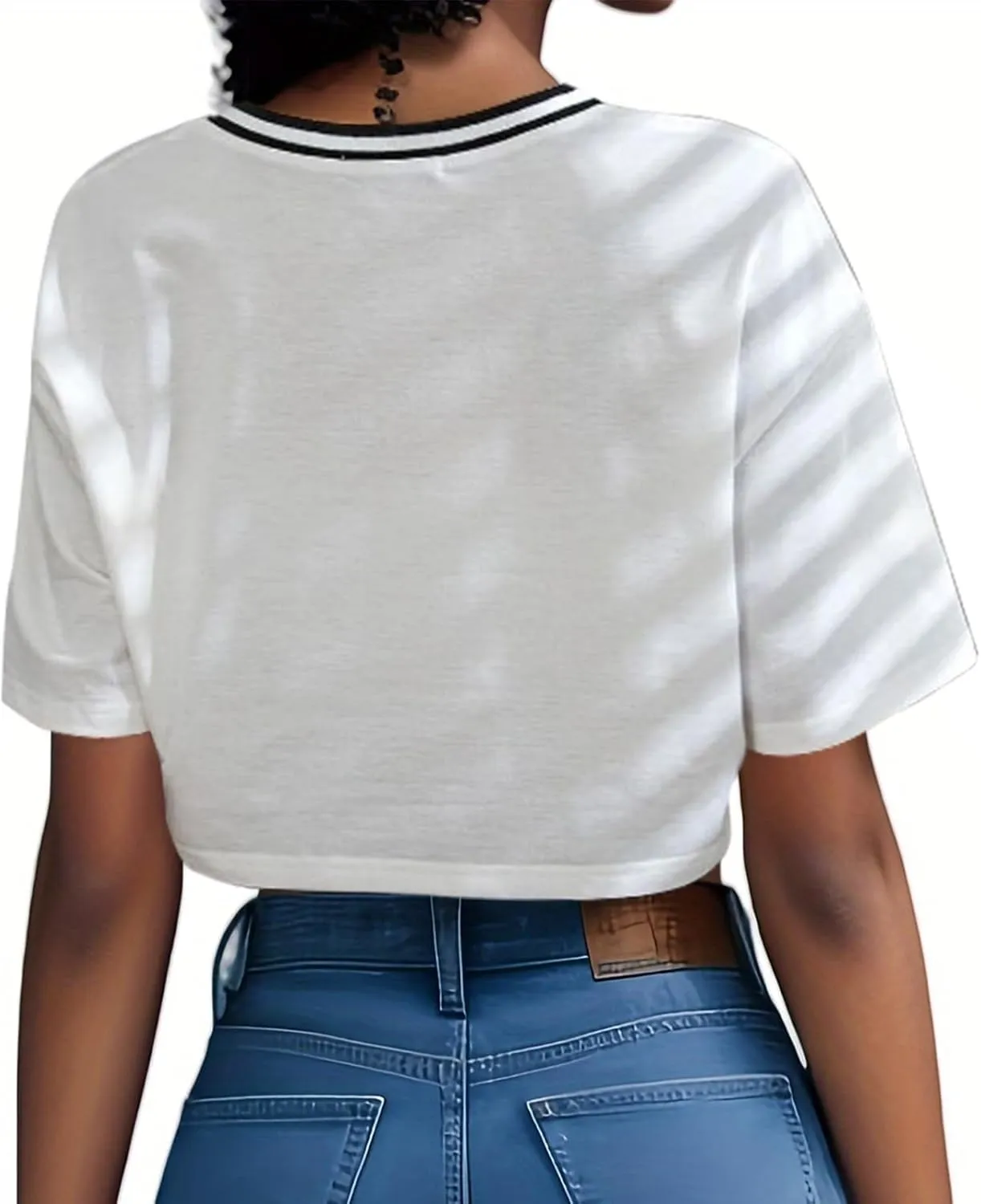 American Jersey for Women Oversized Graphic Stripe Trim V Neck Drop Shoulder Summer Tshirts