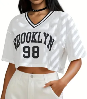 American Jersey for Women Oversized Graphic Stripe Trim V Neck Drop Shoulder Summer Tshirts