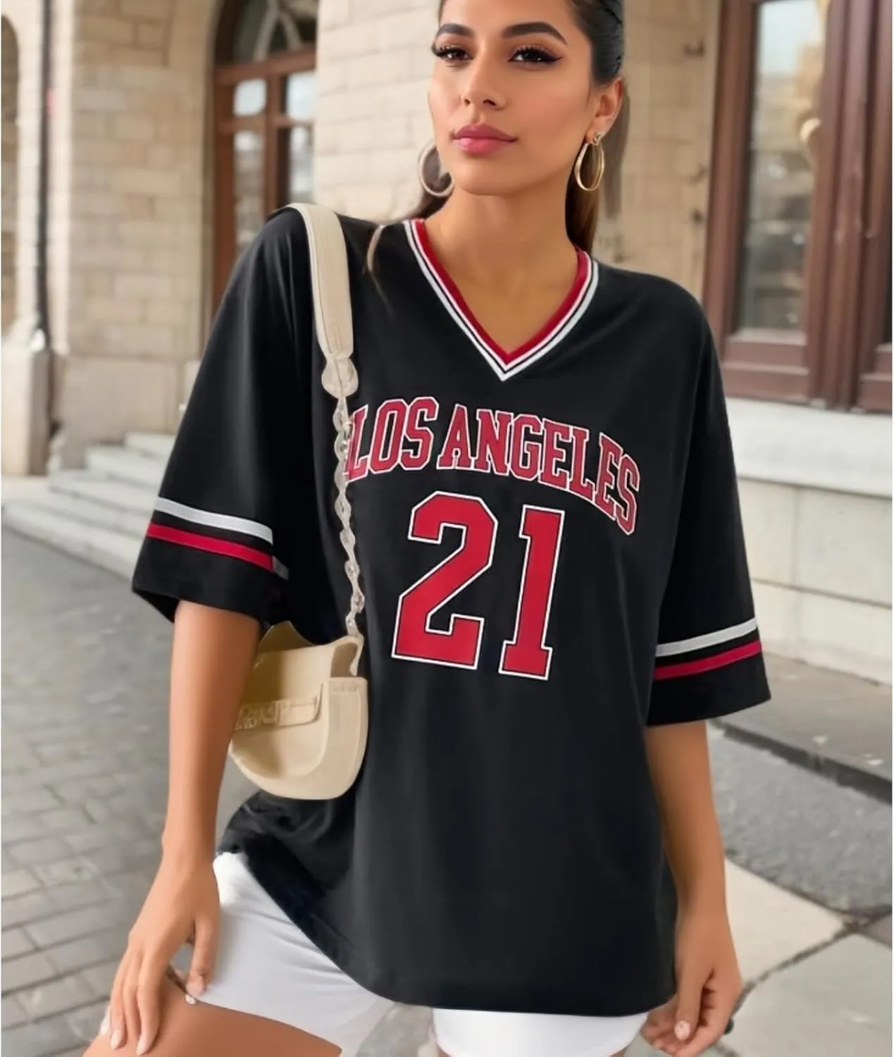 American Jersey for Women Oversized Graphic Stripe Trim V Neck Drop Shoulder Summer Tshirts