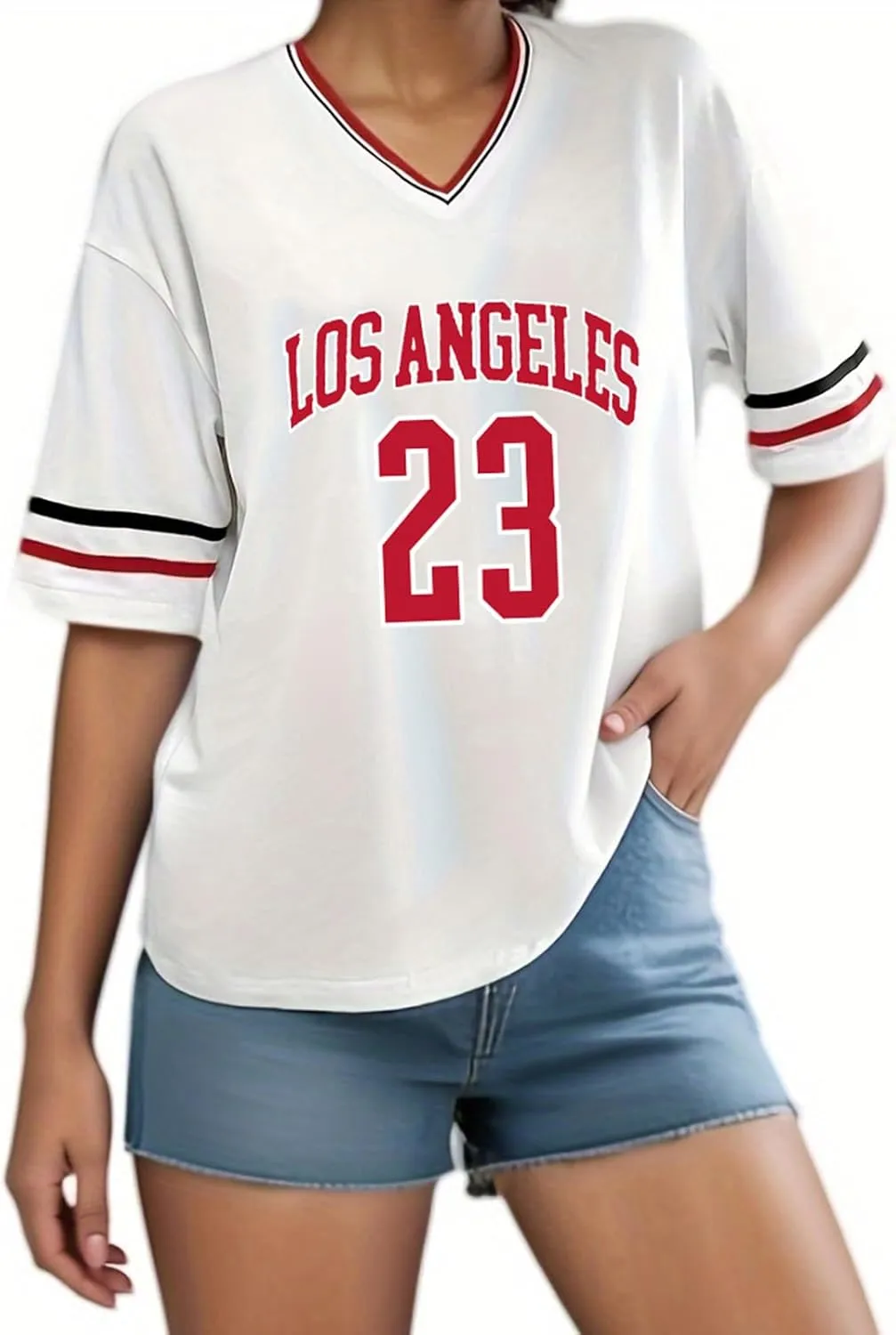 American Jersey for Women Oversized Graphic Stripe Trim V Neck Drop Shoulder Summer Tshirts