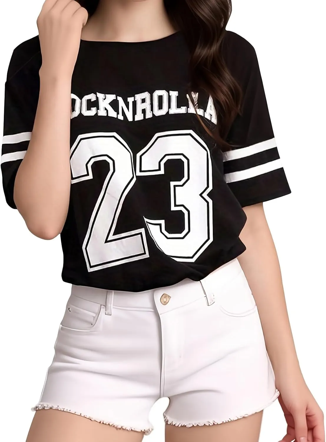 American Jersey for Women Oversized Graphic Stripe Trim V Neck Drop Shoulder Summer Tshirts