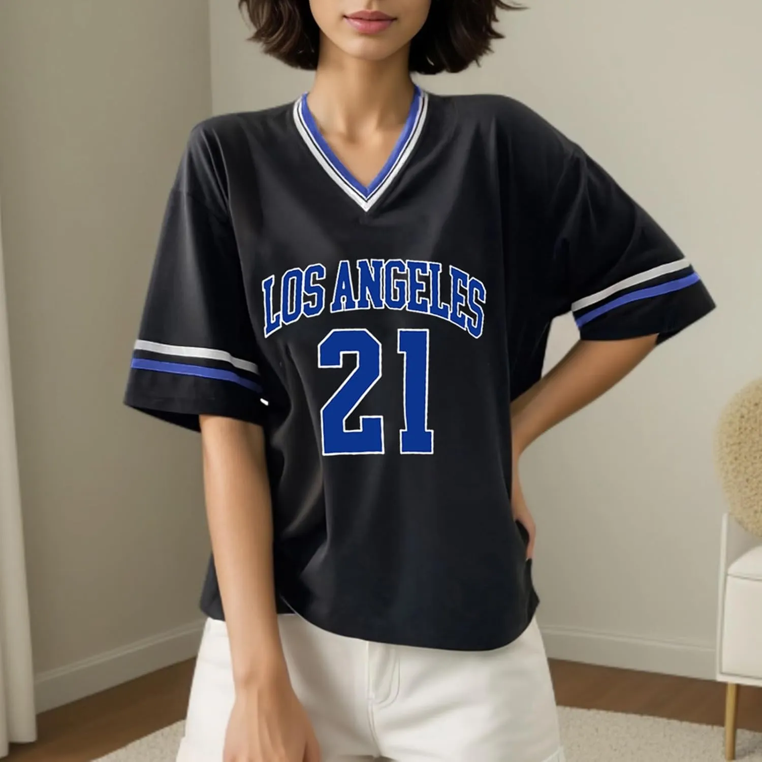 American Jersey for Women Oversized Graphic Stripe Trim V Neck Drop Shoulder Summer Tshirts