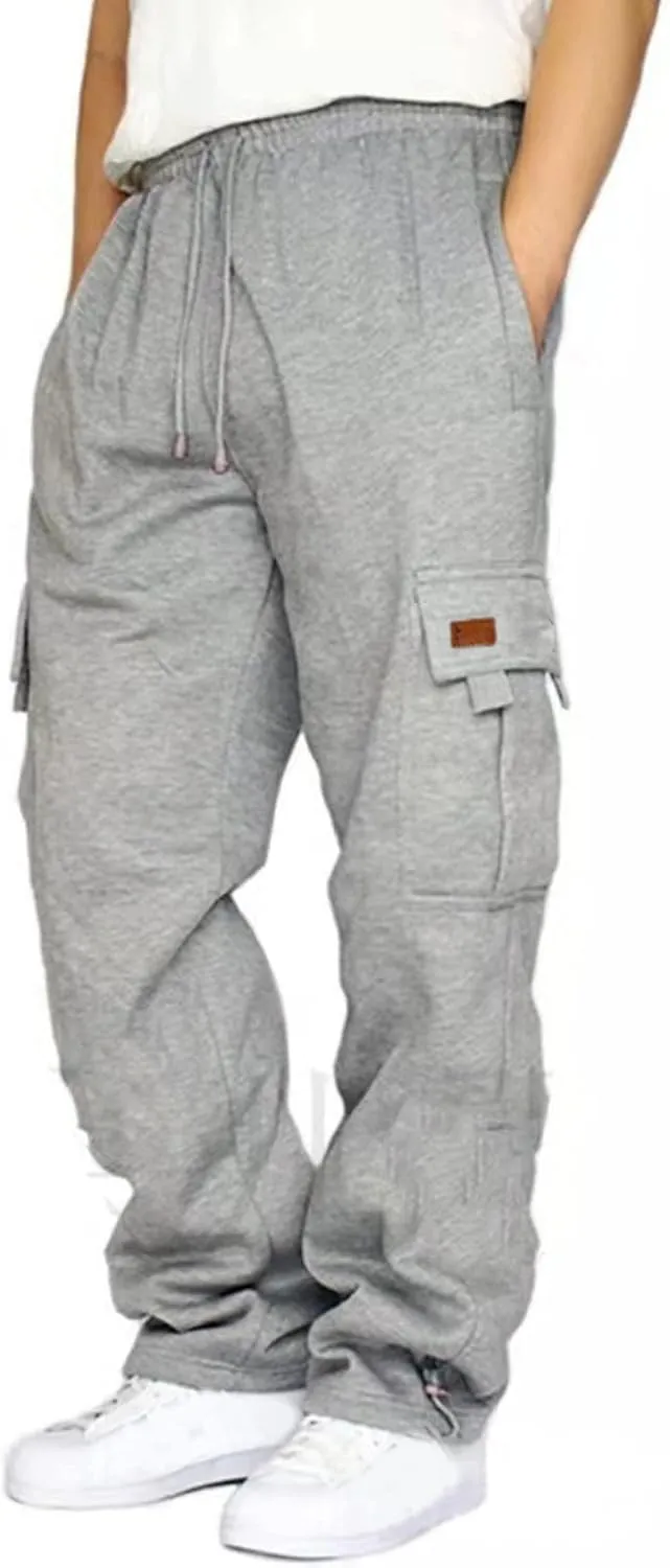 Baggy Cargo Sweatpants for Men Plus Size Drawstring Waist Joggers with Pockets Open Bottom Athletic Sweat Pants