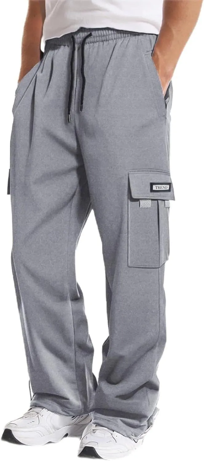 Baggy Sweatpants Men Casual Comfy Open Bottom Cargo Pants Outdoor Adjustable Bottom Joggers Multi Pockets Streetwear