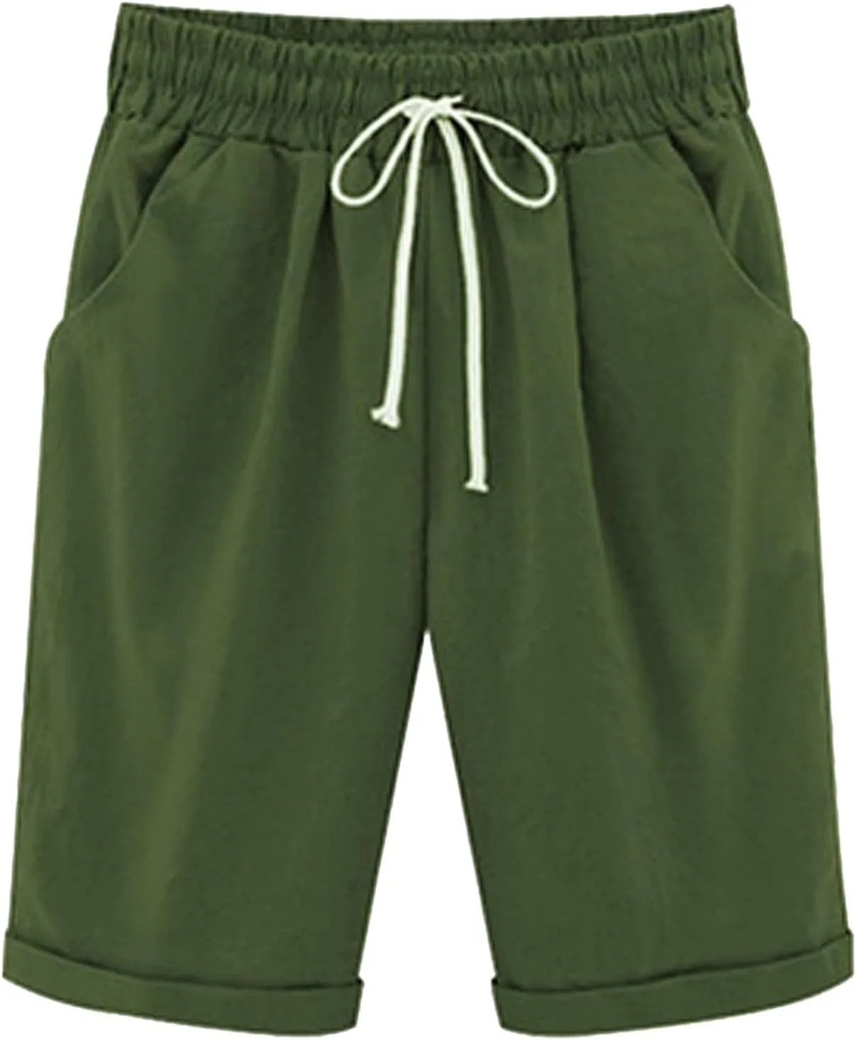 Bermuda Shorts for Women Knee Length Linen Shorts Loose Fit Elastic Waist Workout Shorts Casual Summer Beach Shorts