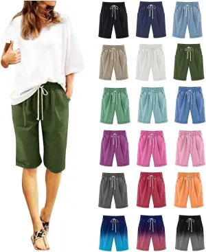 Bermuda Shorts for Women Knee Length Linen Shorts Loose Fit Elastic Waist Workout Shorts Casual Summer Beach Shorts