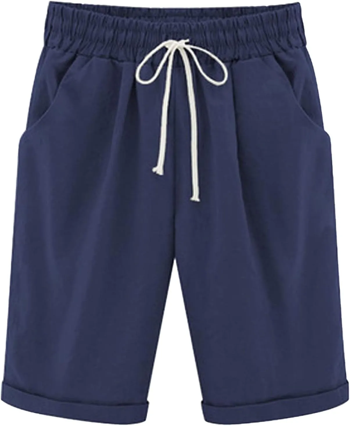 Bermuda Shorts for Women Knee Length Linen Shorts Loose Fit Elastic Waist Workout Shorts Casual Summer Beach Shorts