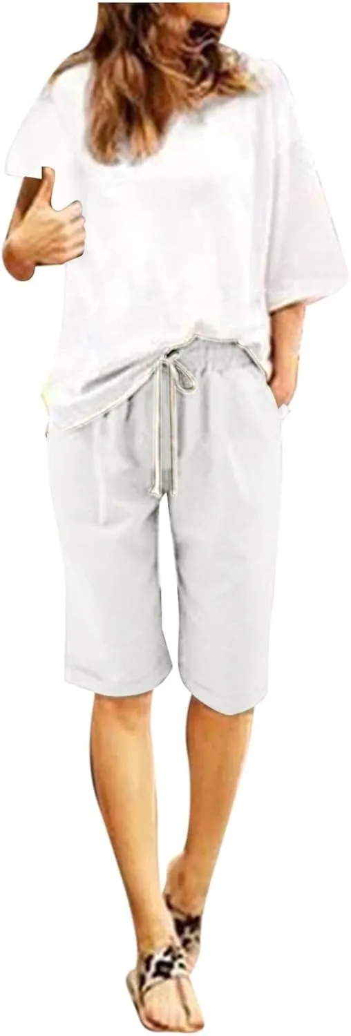 Bermuda Shorts for Women Knee Length Linen Shorts Loose Fit Elastic Waist Workout Shorts Casual Summer Beach Shorts