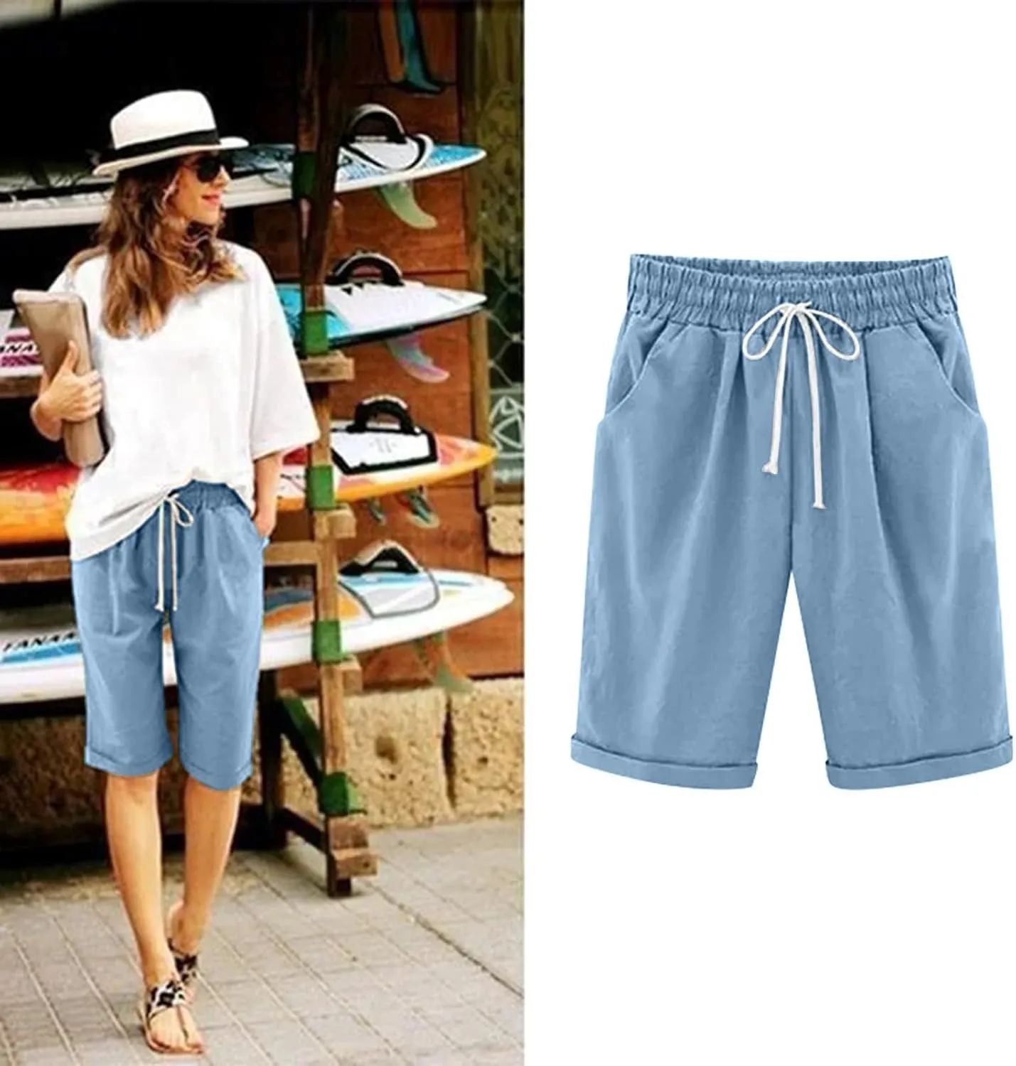 Bermuda Shorts for Women Knee Length Linen Shorts Loose Fit Elastic Waist Workout Shorts Casual Summer Beach Shorts