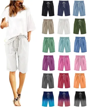 Bermuda Shorts for Women Knee Length Linen Shorts Loose Fit Elastic Waist Workout Shorts Casual Summer Beach Shorts