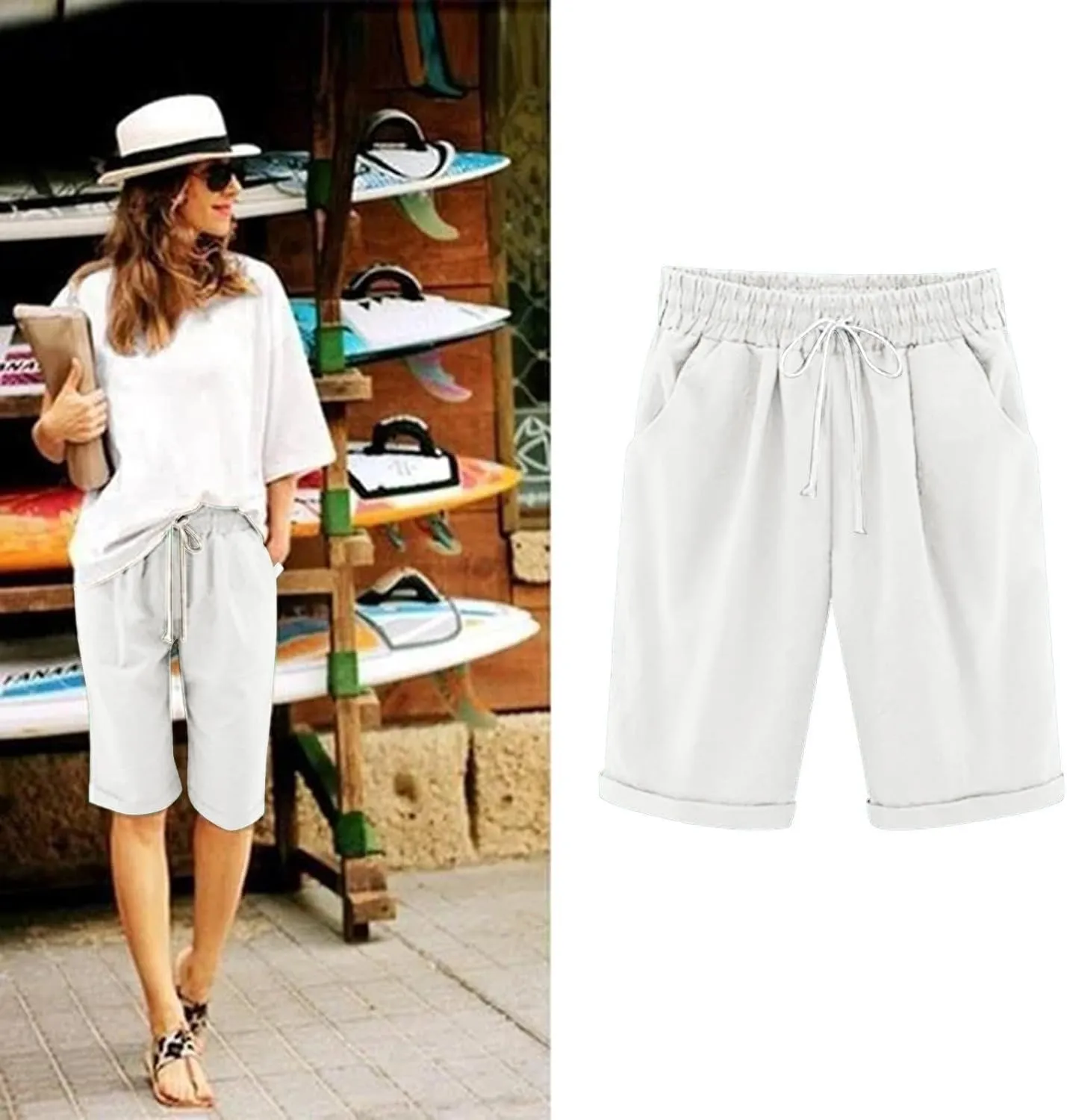 Bermuda Shorts for Women Knee Length Linen Shorts Loose Fit Elastic Waist Workout Shorts Casual Summer Beach Shorts