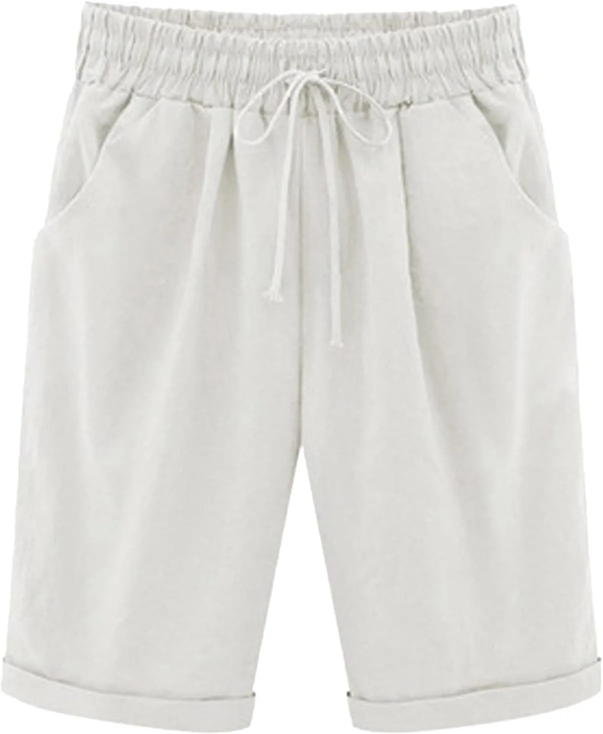 Bermuda Shorts for Women Knee Length Linen Shorts Loose Fit Elastic Waist Workout Shorts Casual Summer Beach Shorts