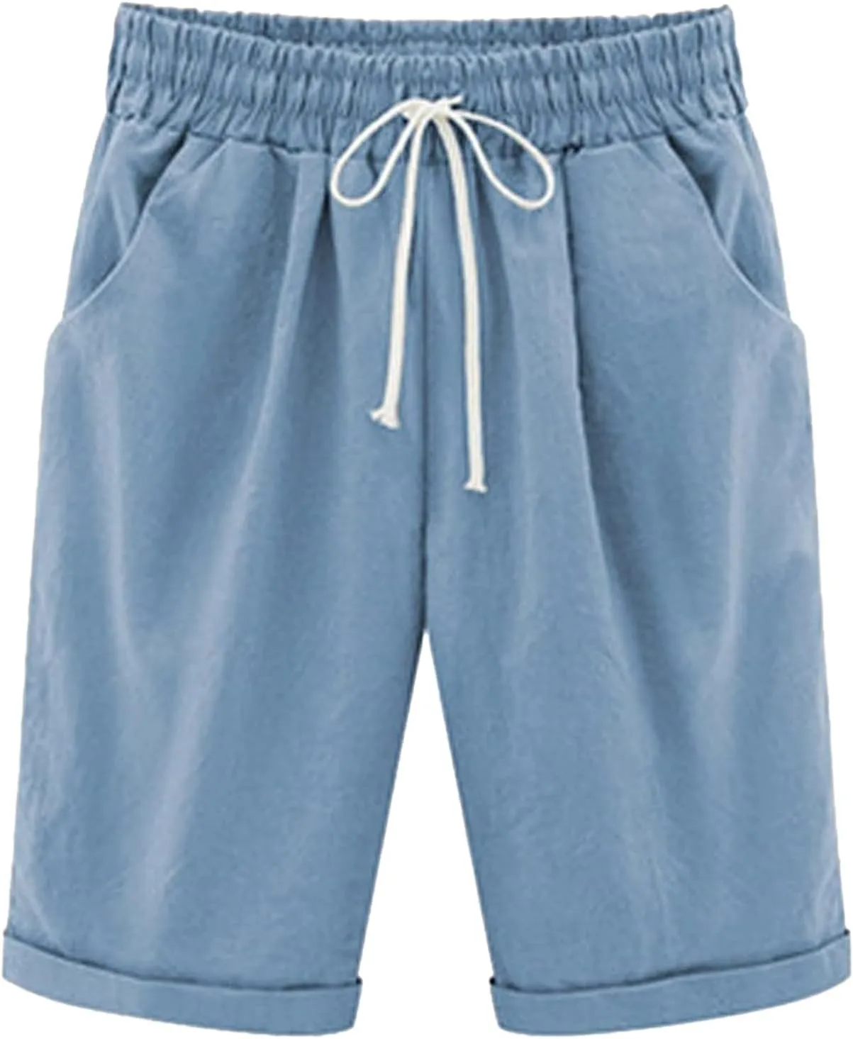 Bermuda Shorts for Women Knee Length Linen Shorts Loose Fit Elastic Waist Workout Shorts Casual Summer Beach Shorts