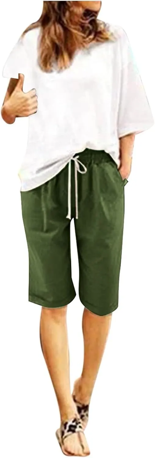 Bermuda Shorts for Women Knee Length Linen Shorts Loose Fit Elastic Waist Workout Shorts Casual Summer Beach Shorts