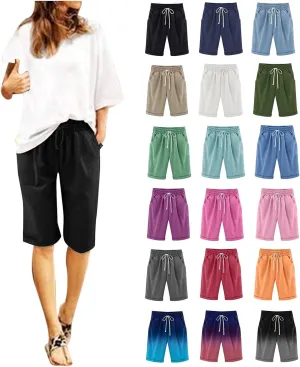 Bermuda Shorts for Women Knee Length Linen Shorts Loose Fit Elastic Waist Workout Shorts Casual Summer Beach Shorts