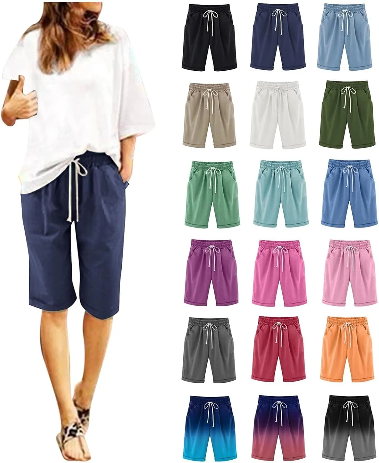Bermuda Shorts for Women Knee Length Linen Shorts Loose Fit Elastic Waist Workout Shorts Casual Summer Beach Shorts
