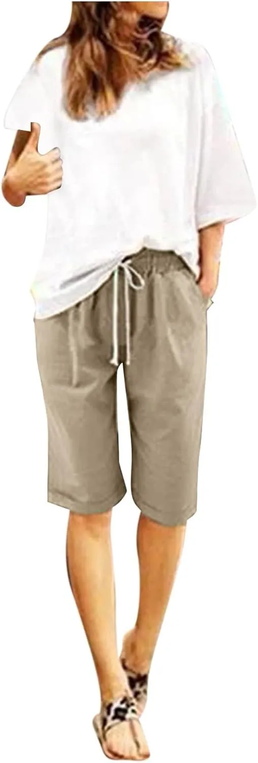Bermuda Shorts for Women Knee Length Linen Shorts Loose Fit Elastic Waist Workout Shorts Casual Summer Beach Shorts