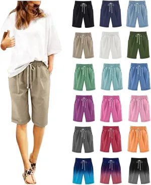 Bermuda Shorts for Women Knee Length Linen Shorts Loose Fit Elastic Waist Workout Shorts Casual Summer Beach Shorts