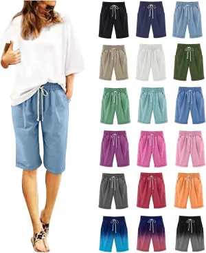 Bermuda Shorts for Women Knee Length Linen Shorts Loose Fit Elastic Waist Workout Shorts Casual Summer Beach Shorts