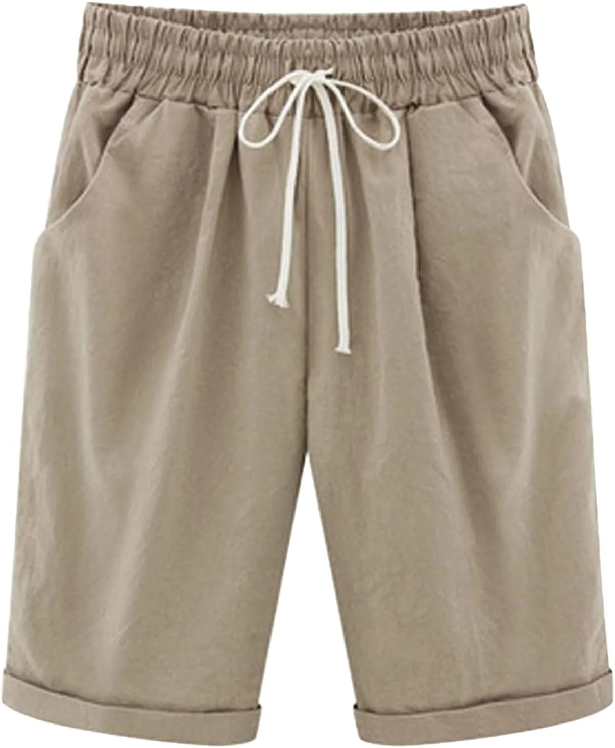 Bermuda Shorts for Women Knee Length Linen Shorts Loose Fit Elastic Waist Workout Shorts Casual Summer Beach Shorts