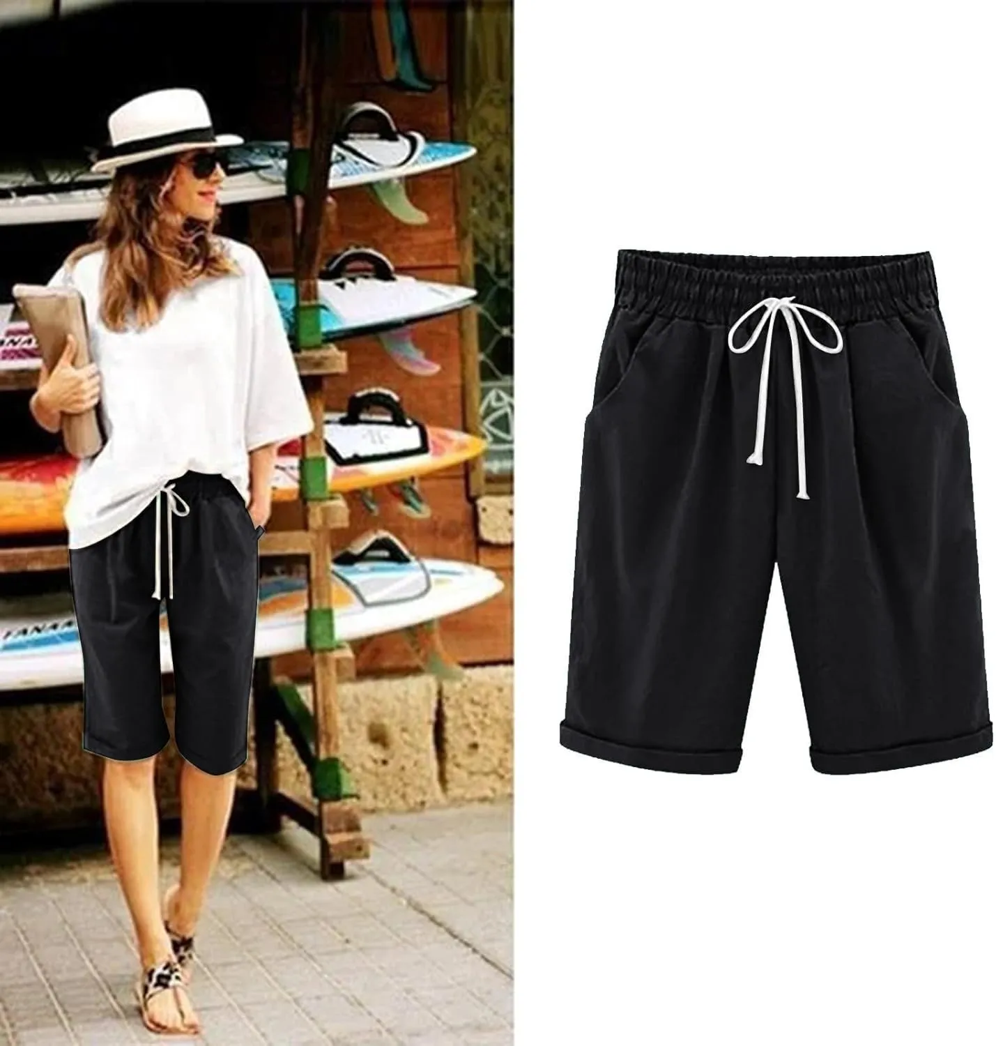 Bermuda Shorts for Women Knee Length Linen Shorts Loose Fit Elastic Waist Workout Shorts Casual Summer Beach Shorts