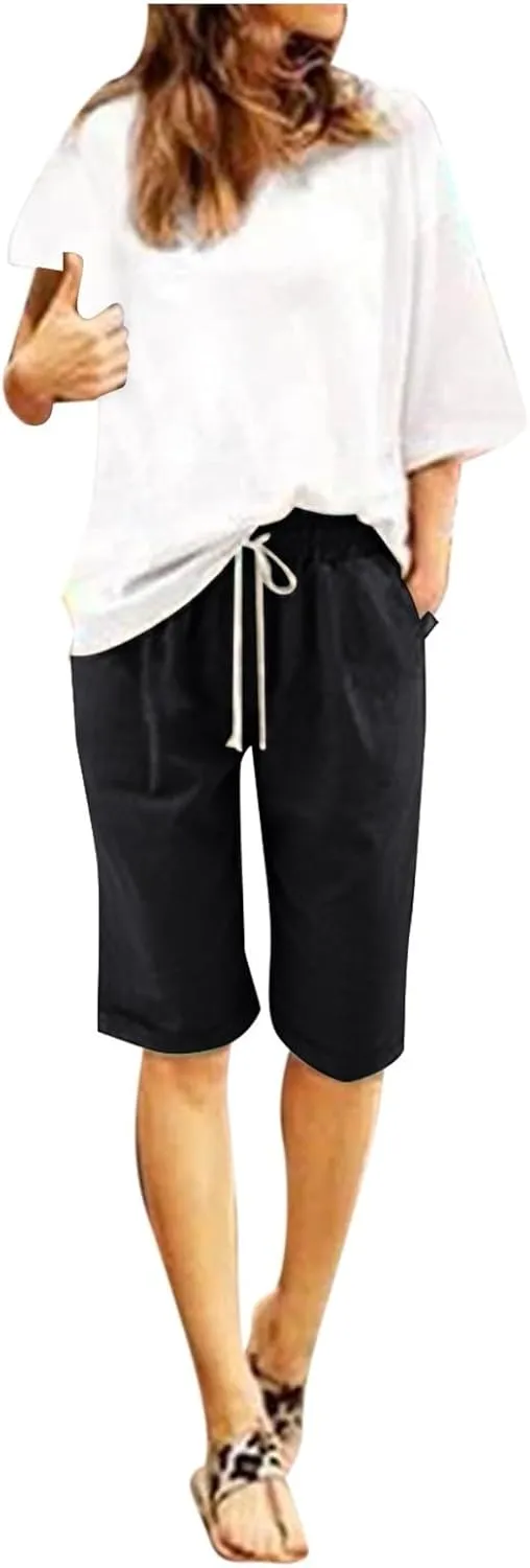Bermuda Shorts for Women Knee Length Linen Shorts Loose Fit Elastic Waist Workout Shorts Casual Summer Beach Shorts