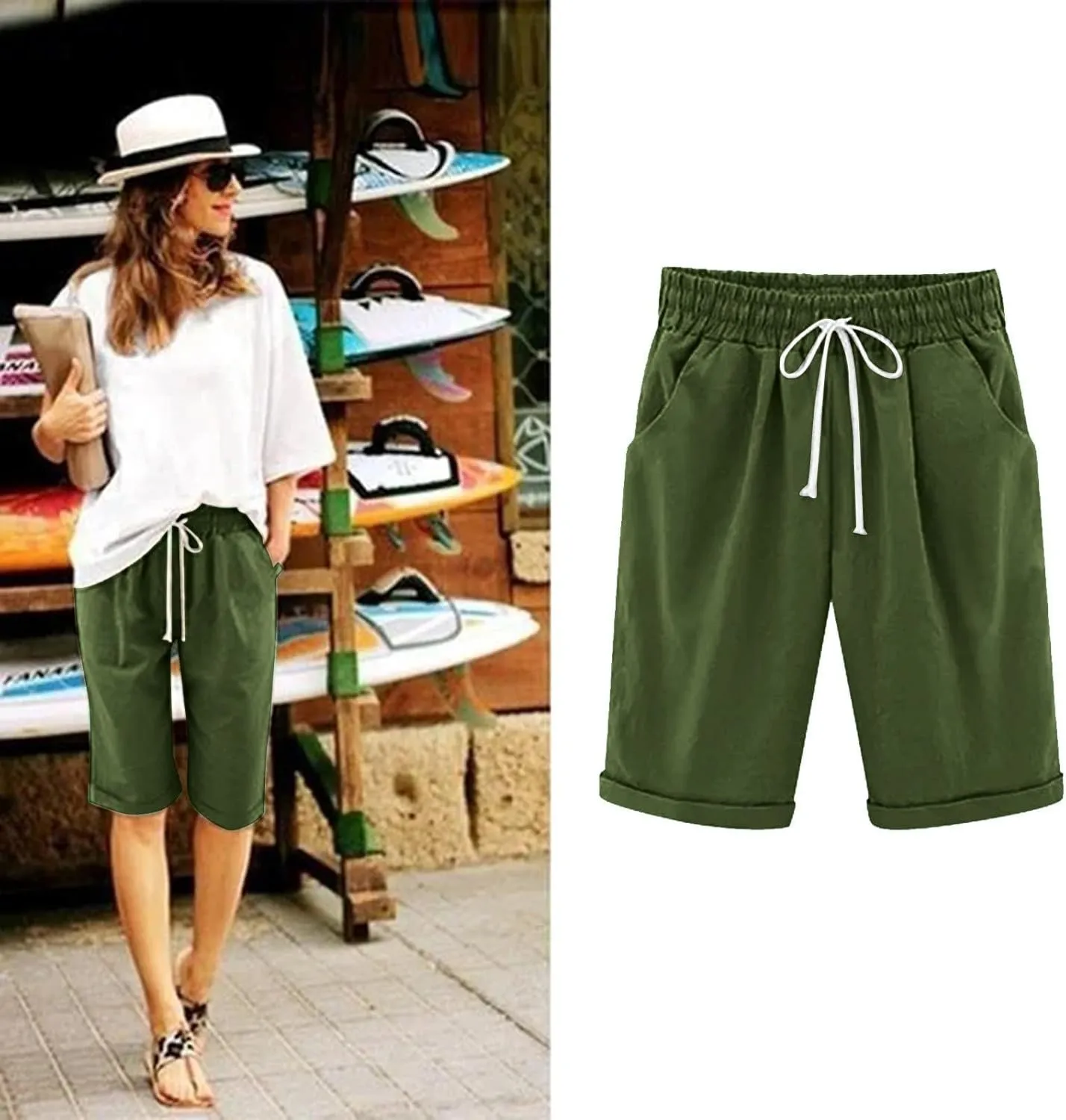 Bermuda Shorts for Women Knee Length Loose Fit Linen Shorts Elastic Waist Workout Shorts Summer Beach Shorts, Large