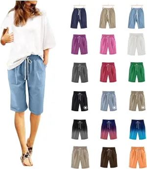 Bermuda Shorts for Women Knee Length Loose Fit Linen Shorts Elastic Waist Workout Shorts Summer Beach Shorts, Large