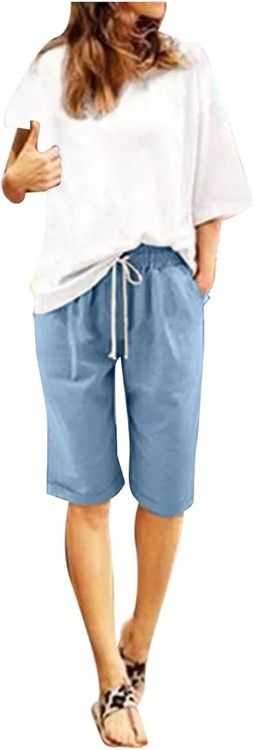 Bermuda Shorts for Women Knee Length Loose Fit Linen Shorts Elastic Waist Workout Shorts Summer Beach Shorts, Large