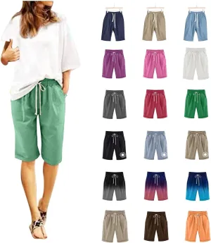 Bermuda Shorts for Women Knee Length Loose Fit Linen Shorts Elastic Waist Workout Shorts Summer Beach Shorts, Large