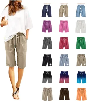 Bermuda Shorts for Women Knee Length Loose Fit Linen Shorts Elastic Waist Workout Shorts Summer Beach Shorts, Large