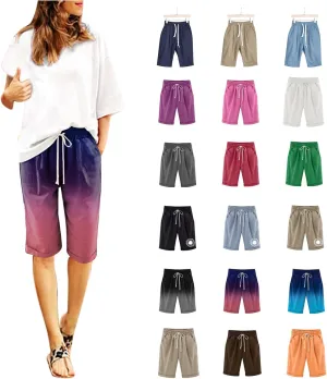 Bermuda Shorts for Women Knee Length Loose Fit Linen Shorts Elastic Waist Workout Shorts Summer Beach Shorts, Large