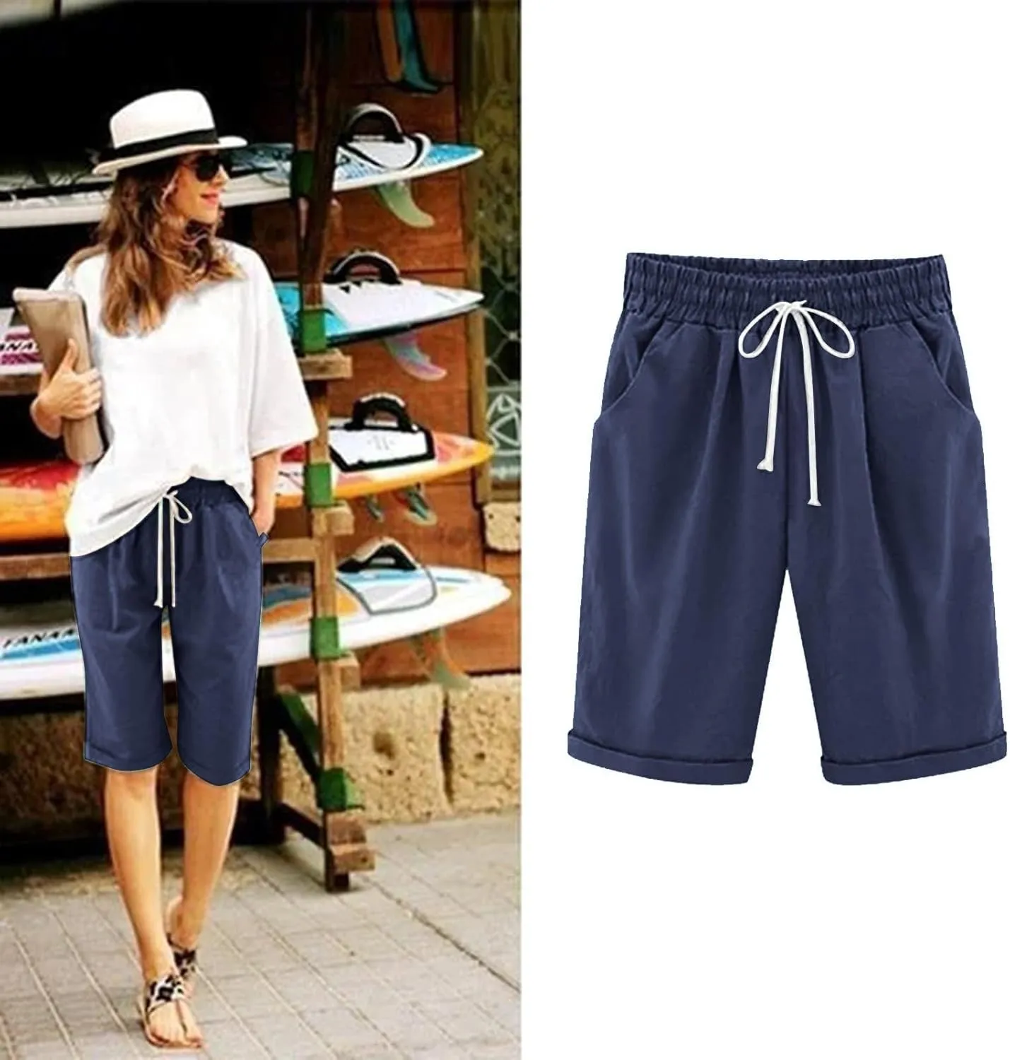 Bermuda Shorts for Women Knee Length Loose Fit Linen Shorts Elastic Waist Workout Shorts Summer Beach Shorts, Large